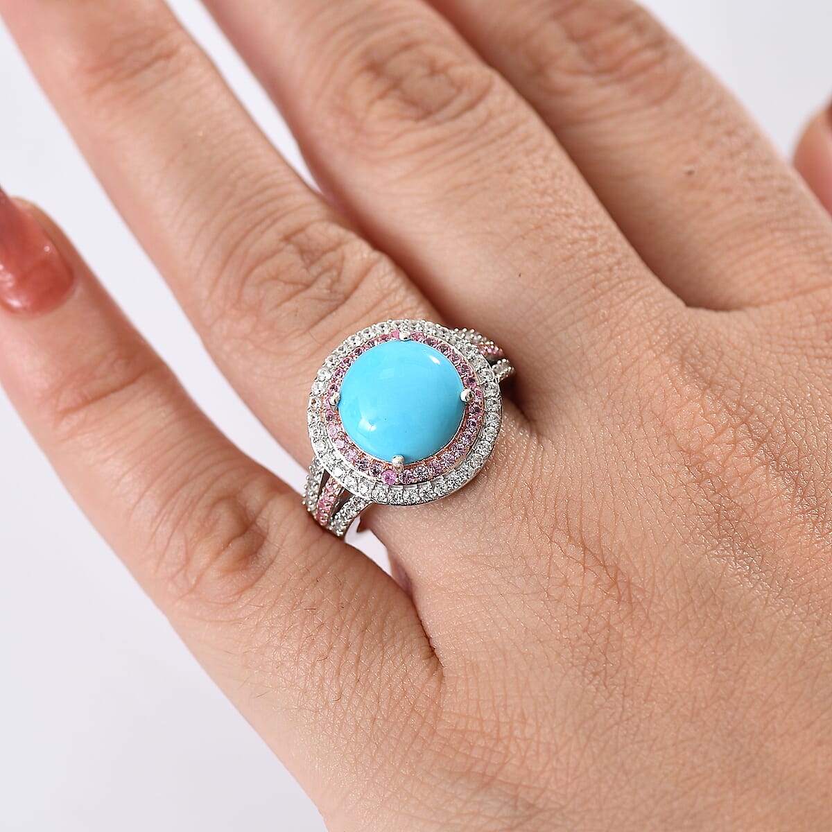 D'Joy Premium Sleeping Beauty Turquoise and Multi Gemstone 5.30 ctw Celestial Halo Ring in Rhodium Over Sterling Silver (Size 8.0) (Del. in 10-12 Days) image number 2