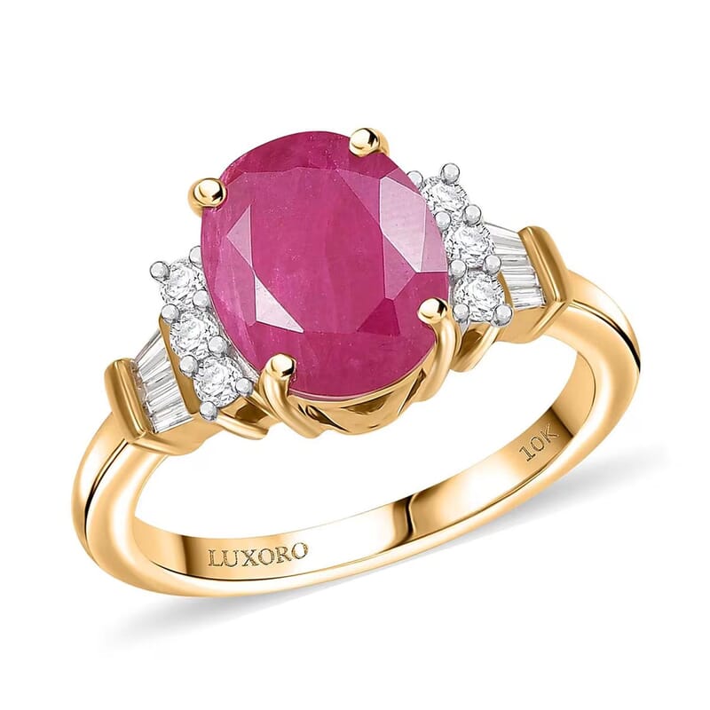 Luxoro AAA Montepuez Ruby and I1 Diamond 3.70 ctw Ring in 10K Yellow Gold (Size 10.0)
