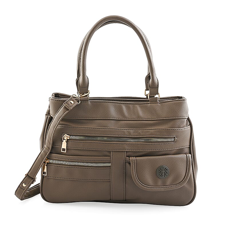 Cee Klein Taupe Faux Leather Multi-Compartment Shoulder Bag