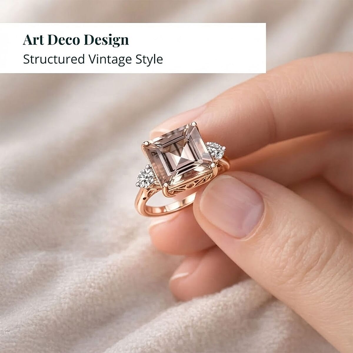 AAA Asscher Cut Marropino Morganite, Lab Grown Diamond Art Deco Ring in 14K Rose Gold 8.35 ctw (Size 5.5) image number 4