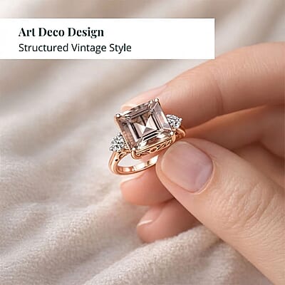 AAA Asscher Cut Marropino Morganite and G-H SI Luxuriant Lab Grown Diamond 8.35 ctw Art Deco Ring in 14K Rose Gold (Size 6.0)