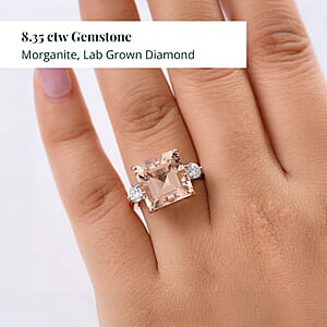 Luxuriant Lab Grown Diamond, AAA Asscher Cut Marropino Morganite Art Deco Ring in 14K Rose Gold 8.35 ctw (Size 7.5)