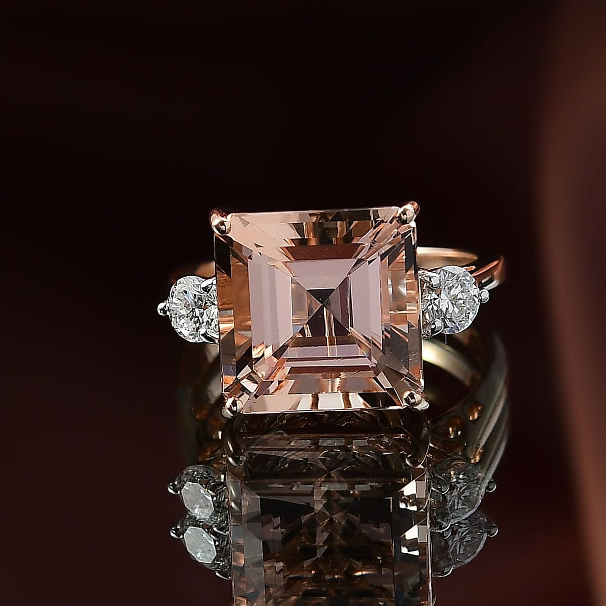 AAA Asscher Cut Marropino Morganite and G-H SI Luxuriant Lab Grown Diamond 8.35 ctw Art Deco Ring in 14K Rose Gold (Size 8.0)  image number 1
