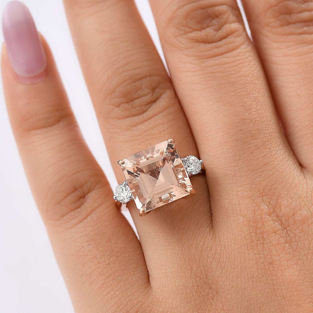 AAA Asscher Cut Marropino Morganite and G-H SI Luxuriant Lab Grown Diamond 8.35 ctw Art Deco Ring in 14K Rose Gold (Size 8.5)  image number 2
