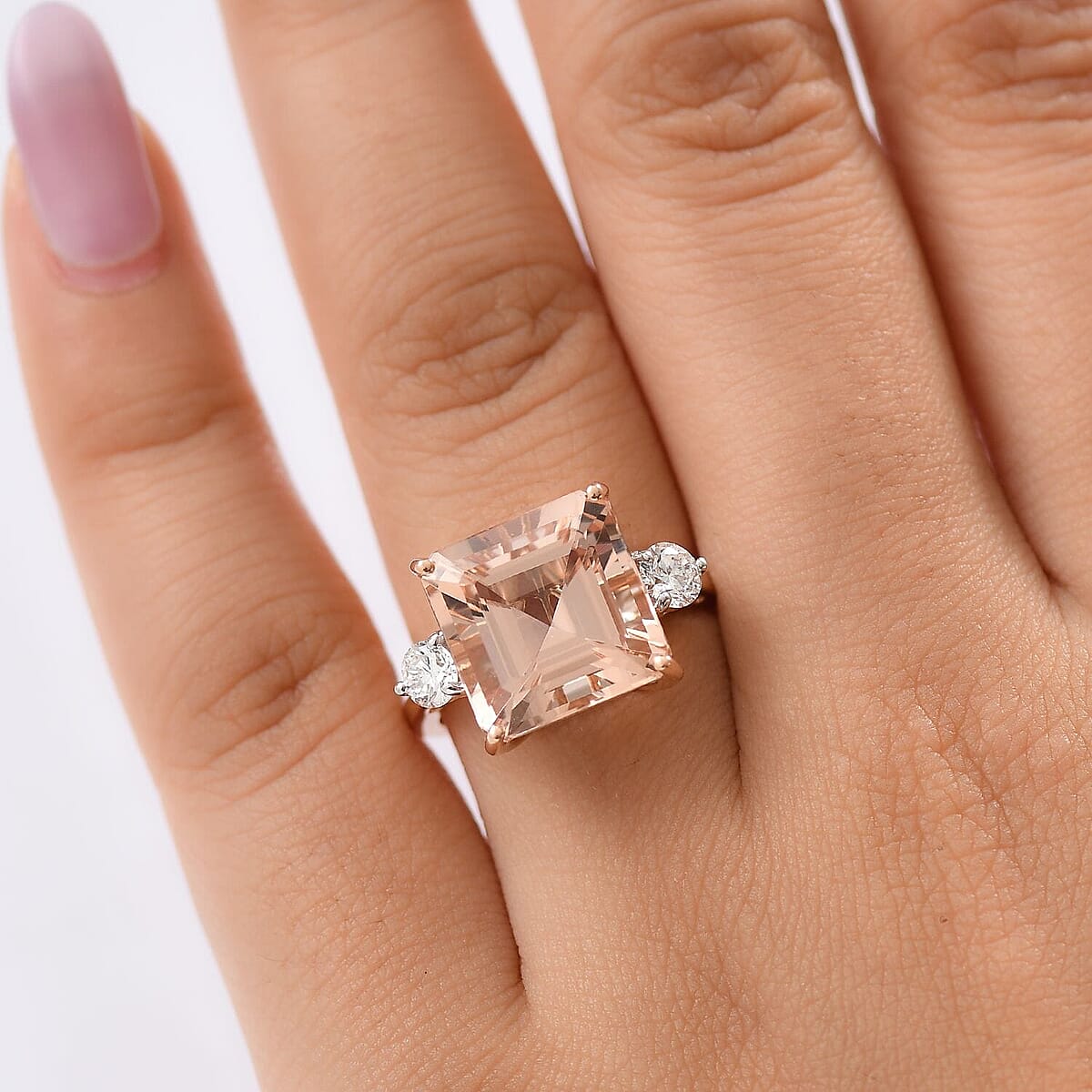 AAA Asscher Cut Marropino Morganite and G-H SI Luxuriant Lab Grown Diamond 8.35 ctw Art Deco Ring in 14K Rose Gold (Size 9.0)  image number 2