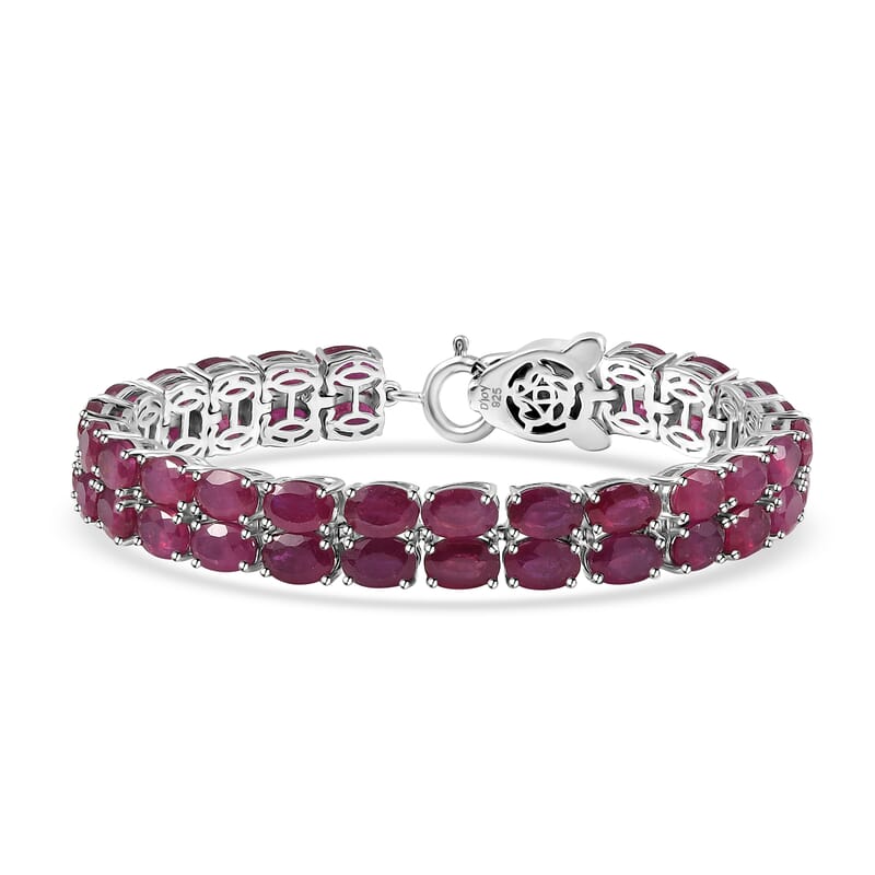 D'Joy Niassa Ruby (FF) and Black Diamond 31.80 ctw Panther Bracelet in Rhodium Over Sterling Silver (6.50 In)