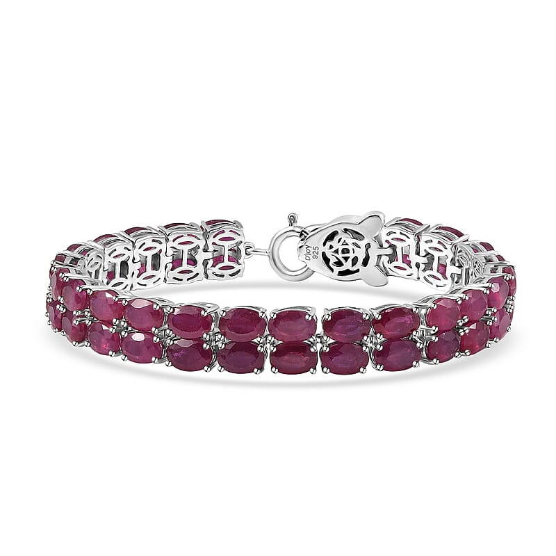 D'Joy Niassa Ruby (FF) and Black Diamond 31.80 ctw Panther Bracelet in Rhodium Over Sterling Silver (6.50 In)