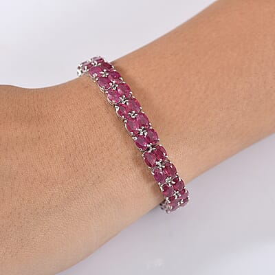 D'Joy Niassa Ruby (FF) and Black Diamond 31.80 ctw Panther Bracelet in Rhodium Over Sterling Silver (6.50 In)