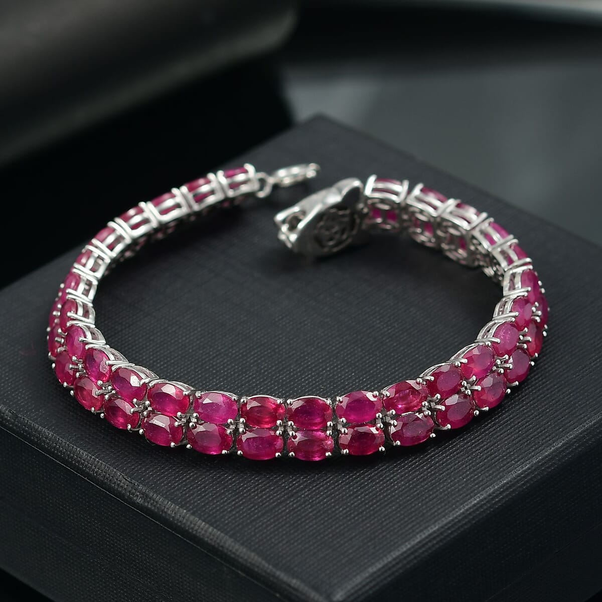 D’Joy Niassa Ruby (FF) and Black Diamond 35.90 ctw Bracelet in Rhodium Over Sterling Silver (7.25 In) image number 1