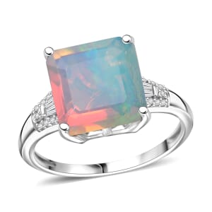 D'Joy AAA Asscher Cut Ethiopian Welo Opal and Diamond 2.85 ctw Ring in Rhodium Over Sterling Silver (Size 10.0)