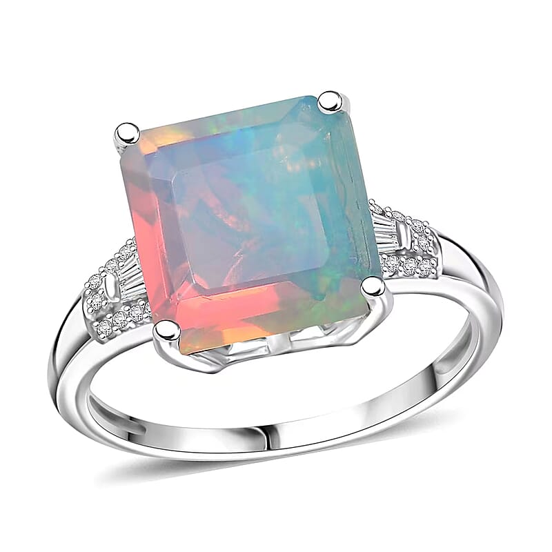 D'Joy AAA Asscher Cut Ethiopian Welo Opal and Diamond 2.85 ctw Ring in Rhodium Over Sterling Silver (Size 10.0)