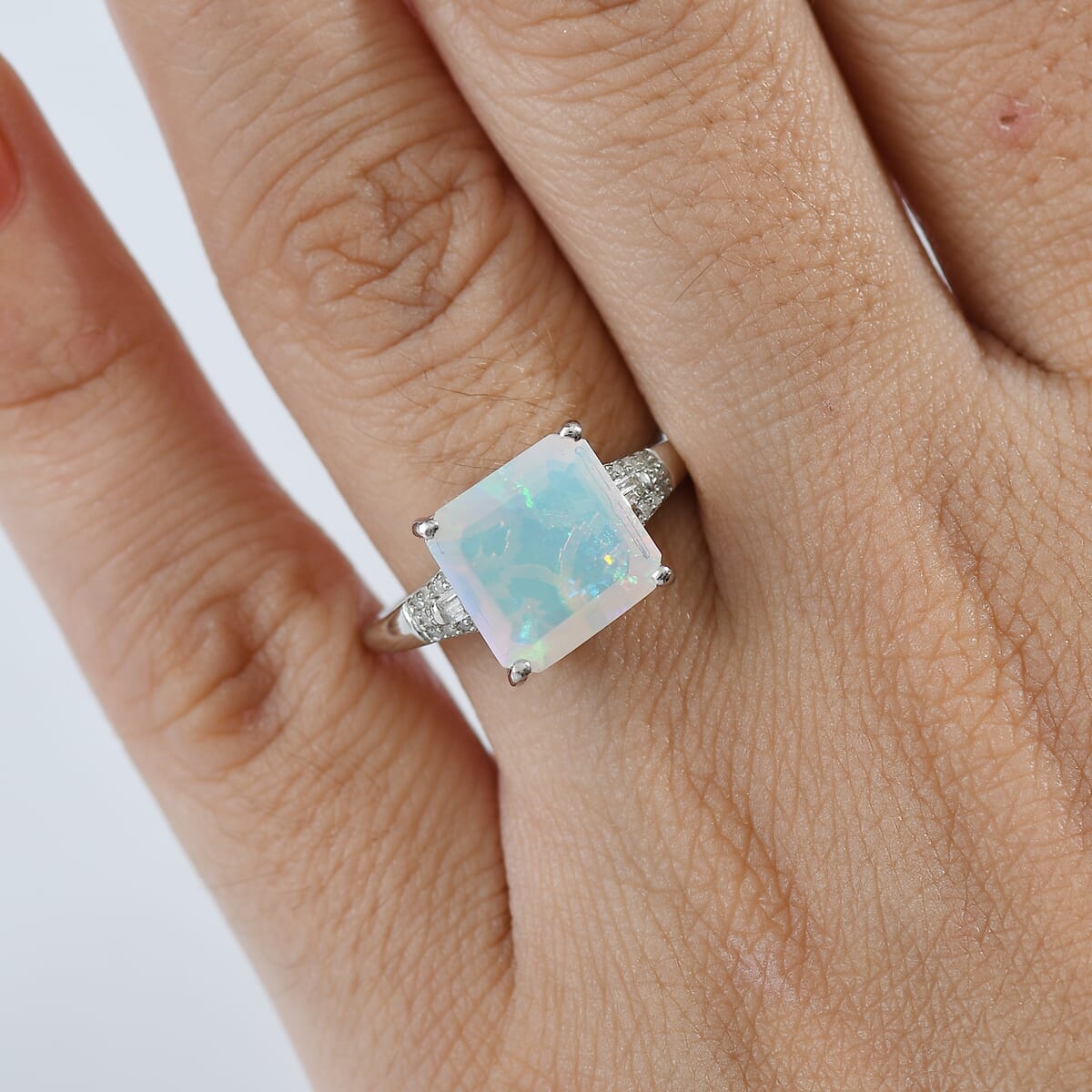 D'Joy AAA Asscher Cut Ethiopian Welo Opal and Diamond 2.85 ctw Ring in Rhodium Over Sterling Silver (Size 10.0) image number 2