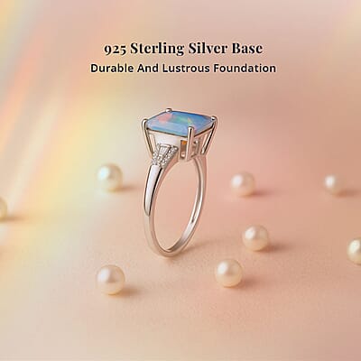 D'Joy AAA Asscher Cut Ethiopian Welo Opal and Diamond 2.85 ctw Ring in Rhodium Over Sterling Silver (Size 10.0)