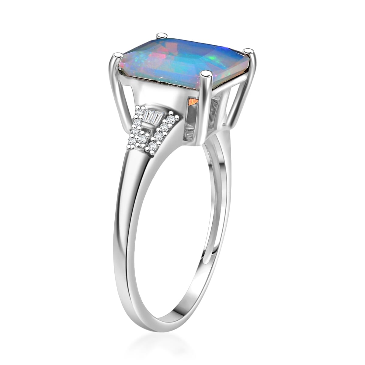 D'Joy AAA Asscher Cut Ethiopian Welo Opal and Diamond 2.85 ctw Ring in Rhodium Over Sterling Silver (Size 10.0) image number 3