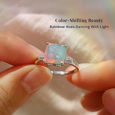 D'Joy AAA Asscher Cut Ethiopian Welo Opal and Diamond 2.85 ctw Ring in Rhodium Over Sterling Silver (Size 10.0)