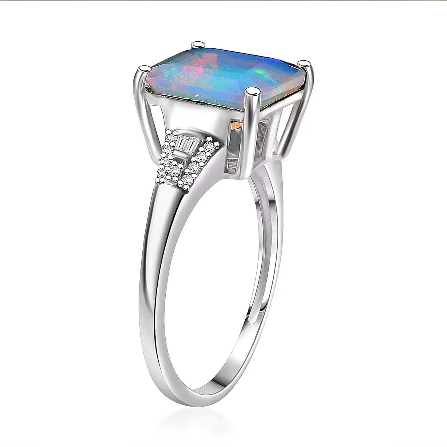 D'Joy AAA Asscher Cut Ethiopian Welo Opal and Diamond 2.85 ctw Ring in Rhodium Over Sterling Silver (Size 10.0)