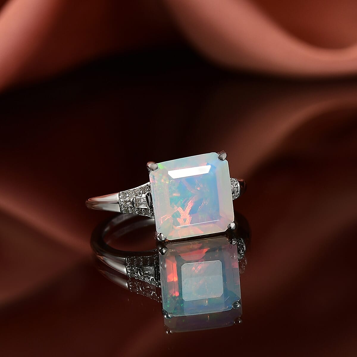 D'Joy AAA Asscher Cut Ethiopian Welo Opal and Diamond 2.85 ctw Ring in Rhodium Over Sterling Silver (Size 5.0) image number 1