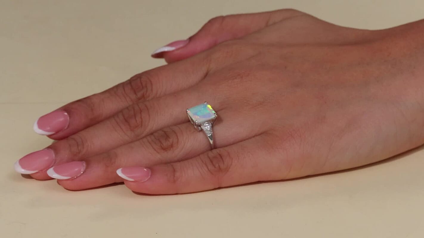 D'Joy AAA Asscher Cut Ethiopian Welo Opal and Diamond 2.85 ctw Ring in Rhodium Over Sterling Silver (Size 10.0)