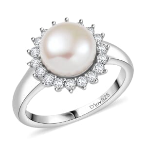 D'Joy Freshwater Pearl and White Zircon 0.65 ctw Sunburst Ring in Rhodium Over Sterling Silver (Size 10.0)