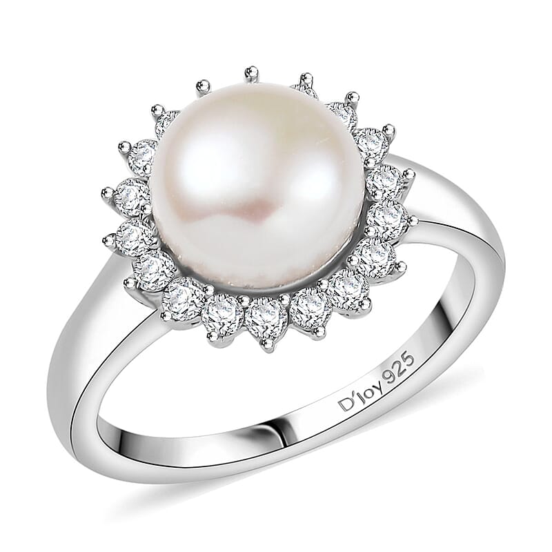D'Joy Freshwater Pearl and White Zircon 0.65 ctw Sunburst Ring in Rhodium Over Sterling Silver (Size 10.0)