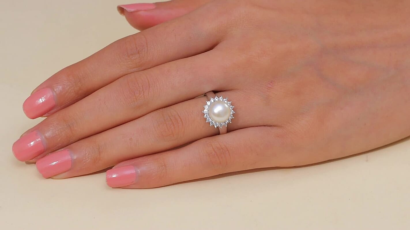 D'Joy Freshwater Pearl and White Zircon 0.65 ctw Sunburst Ring in Rhodium Over Sterling Silver