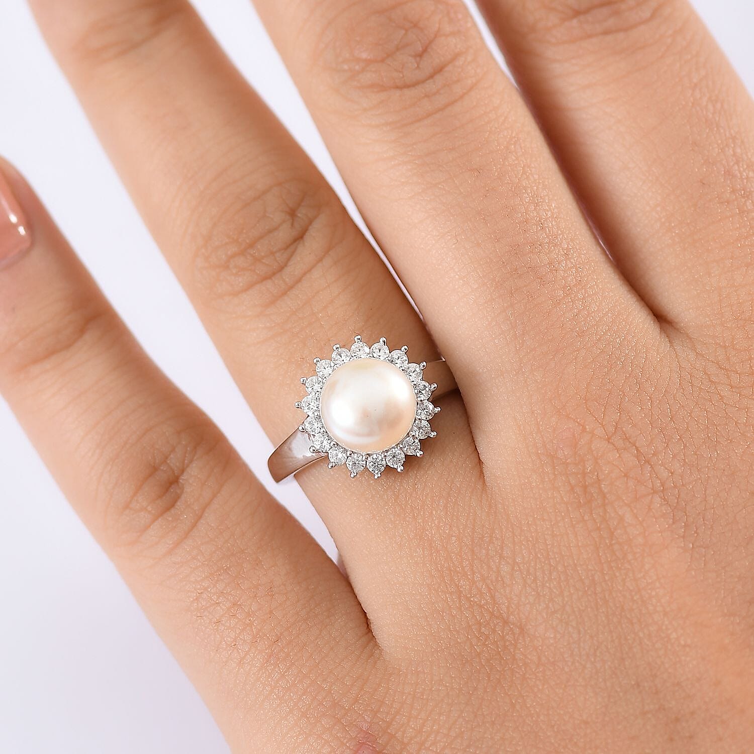 D'Joy Freshwater Pearl and White Zircon 0.65 ctw Sunburst Ring in Rhodium Over Sterling Silver (Size 10.0)
