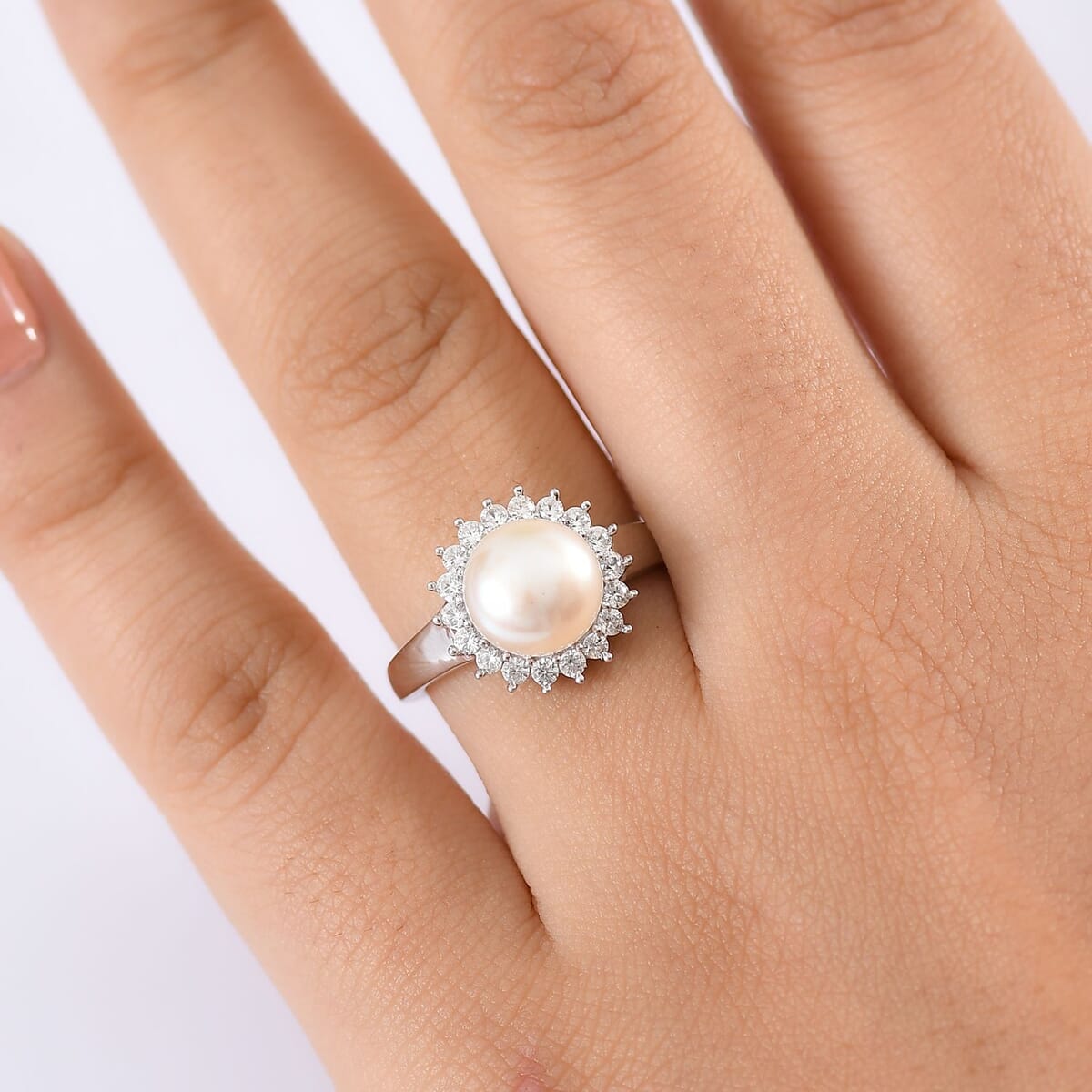 D'Joy Freshwater Pearl and White Zircon 0.65 ctw Sunburst Ring in Rhodium Over Sterling Silver (Size 10.0) image number 2