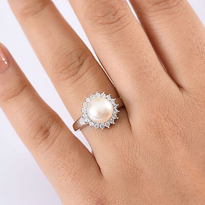 D'Joy Freshwater Pearl and White Zircon 0.65 ctw Sunburst Ring in Rhodium Over Sterling Silver (Size 10.0)
