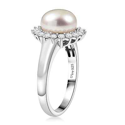 D'Joy Freshwater Pearl and White Zircon 0.65 ctw Sunburst Ring in Rhodium Over Sterling Silver (Size 10.0)
