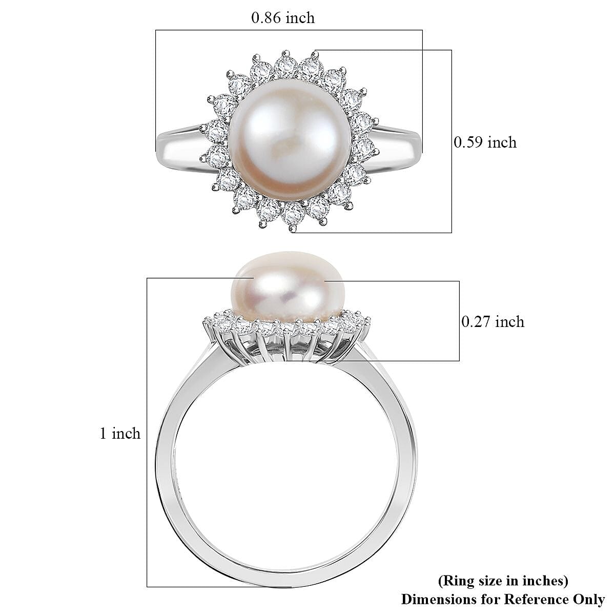 D'Joy Freshwater Pearl and White Zircon 0.65 ctw Sunburst Ring in Rhodium Over Sterling Silver (Size 10.0)