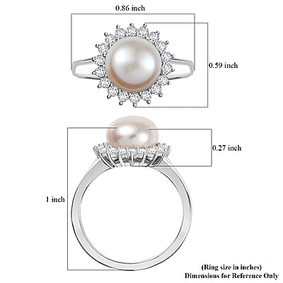 D'Joy Freshwater Pearl and White Zircon 0.65 ctw Sunburst Ring in Rhodium Over Sterling Silver (Size 10.0)