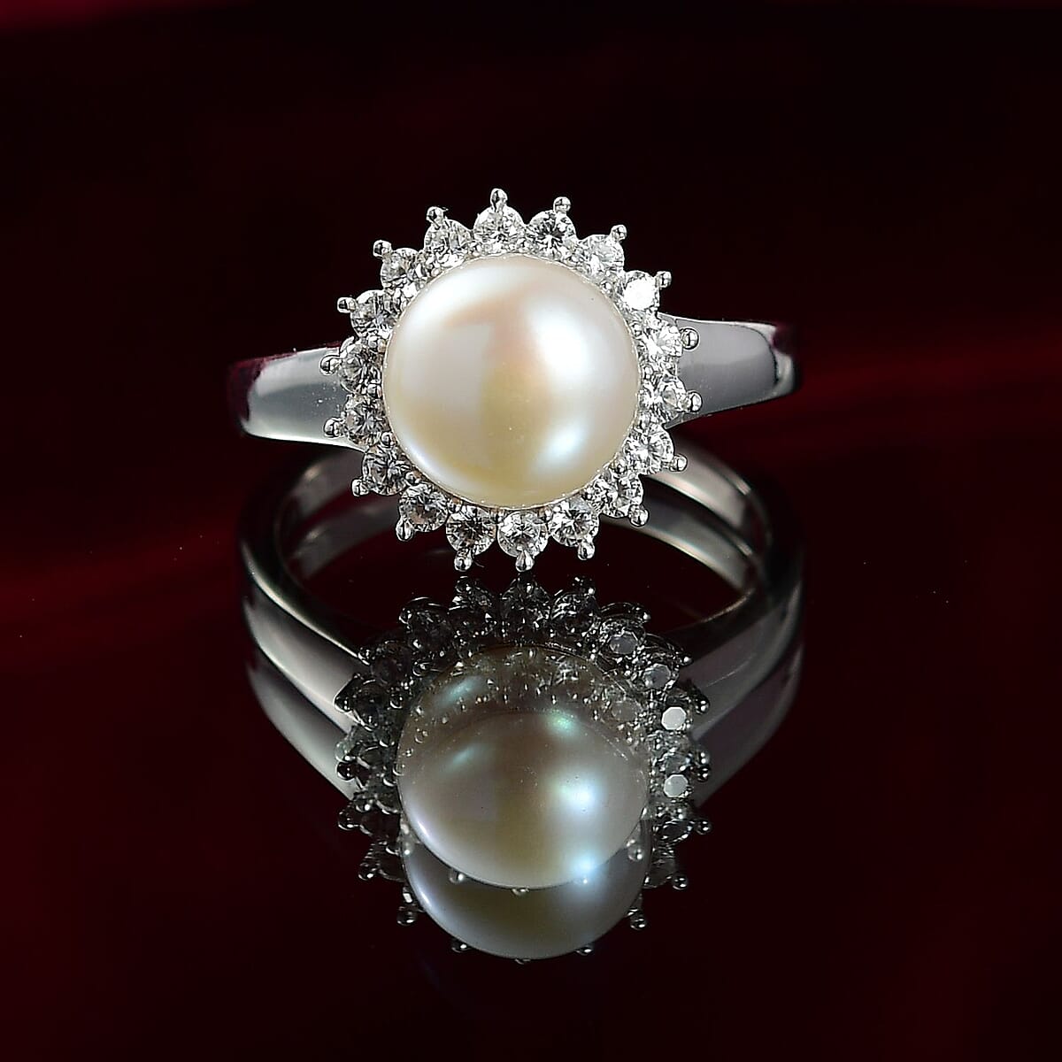 D'Joy Freshwater Pearl and White Zircon 0.65 ctw Sunburst Ring in Rhodium Over Sterling Silver (Size 6.0) image number 1
