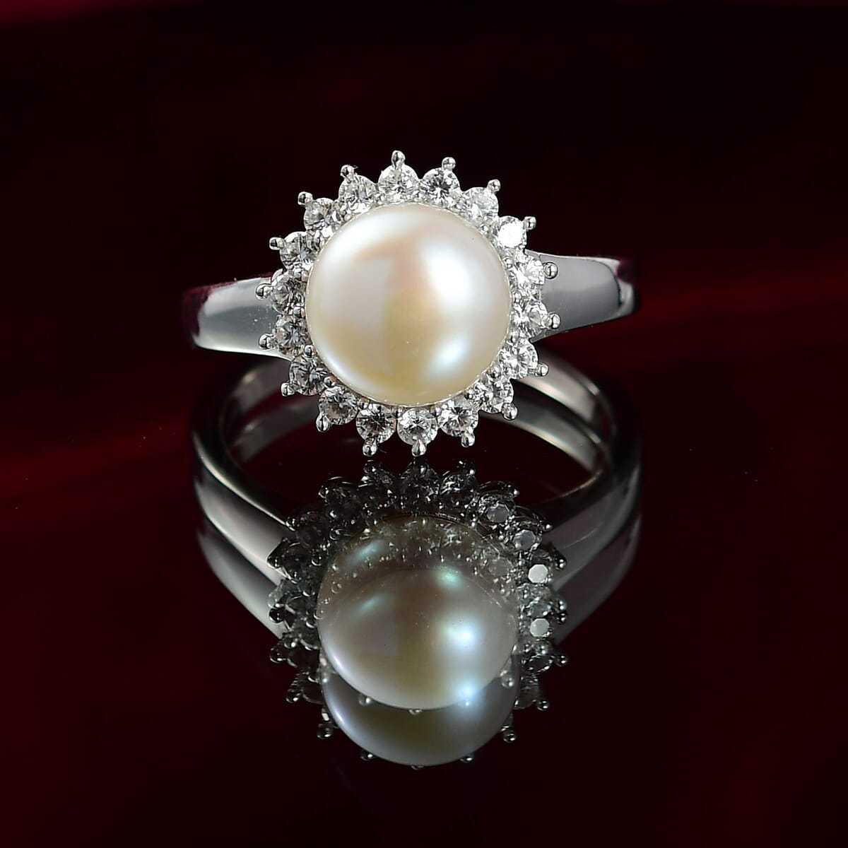D'Joy Freshwater Pearl and White Zircon 0.65 ctw Sunburst Ring in Rhodium Over Sterling Silver (Size 7.0) image number 1