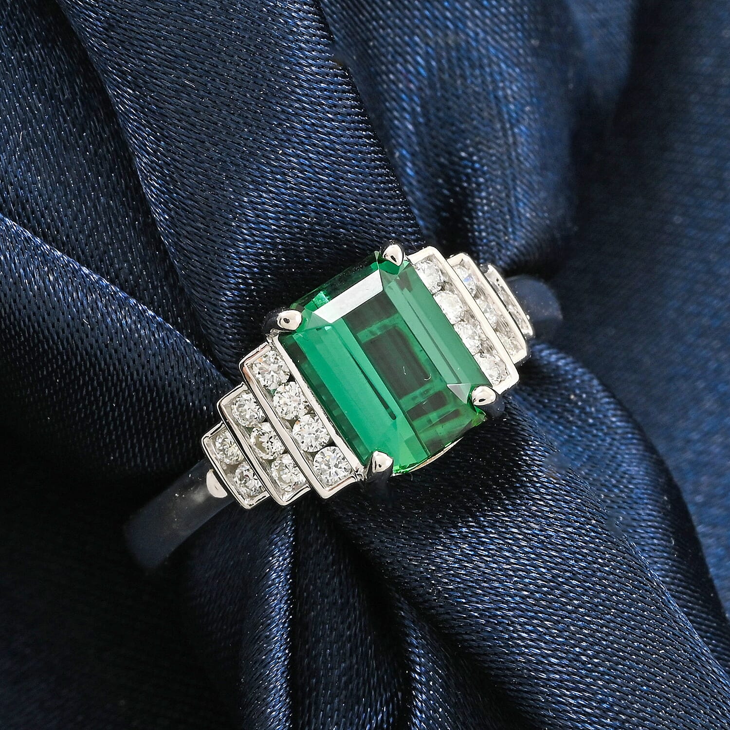 Certified & Appraised Rhapsody AAAA Lagoon Tourmaline and E-F VS Diamond 2.00 ctw Ring in 950 Platinum 6.16 Grams