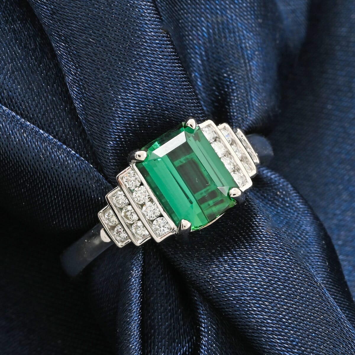 Certified & Appraised Rhapsody AAAA Lagoon Tourmaline and E-F VS Diamond 2.00 ctw Ring in 950 Platinum (Size 7.0) 6.16 Grams image number 1