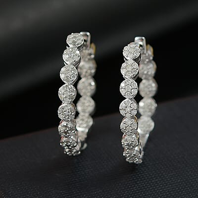 D'Joy Diamond 0.90 ctw Garland of Grace Hoop Earrings in Rhodium Over Sterling Silver