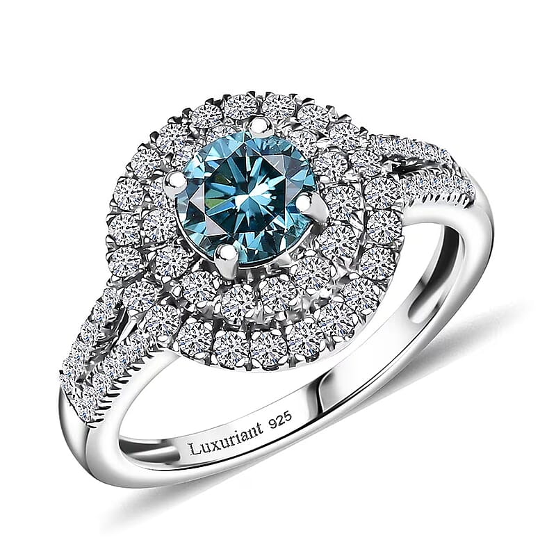 SGL Certified Luxuriant Lab Grown Blue and White Diamond VS 1.50 ctw Ocean Halo Ring in Rhodium Over Sterling Silver (Size 6.0)