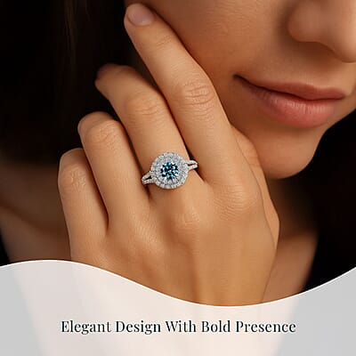 SGL Certified Luxuriant Lab Grown Blue and White Diamond VS 1.50 ctw Ocean Halo Ring in Rhodium Over Sterling Silver (Size 6.0)