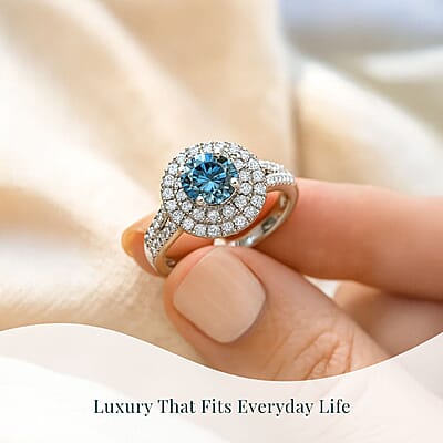SGL Certified Luxuriant Lab Grown Blue and White Diamond VS 1.50 ctw Ocean Halo Ring in Rhodium Over Sterling Silver (Size 6.0)