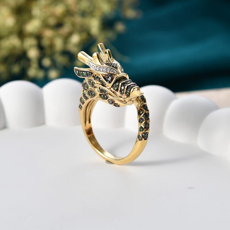 GP Trionfo Collection Green and White Diamond 0.60 ctw Ring in 18K Vermeil Yellow Gold Over Sterling Silver (Size 10.0)