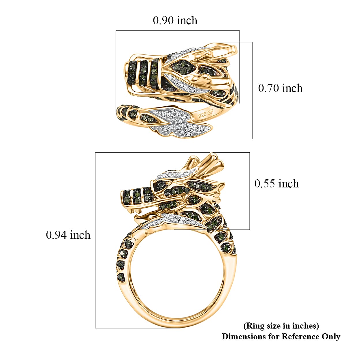 GP Trionfo Collection Green and White Diamond 0.60 ctw Ring in 18K Vermeil Yellow Gold Over Sterling Silver (Size 10.0)
