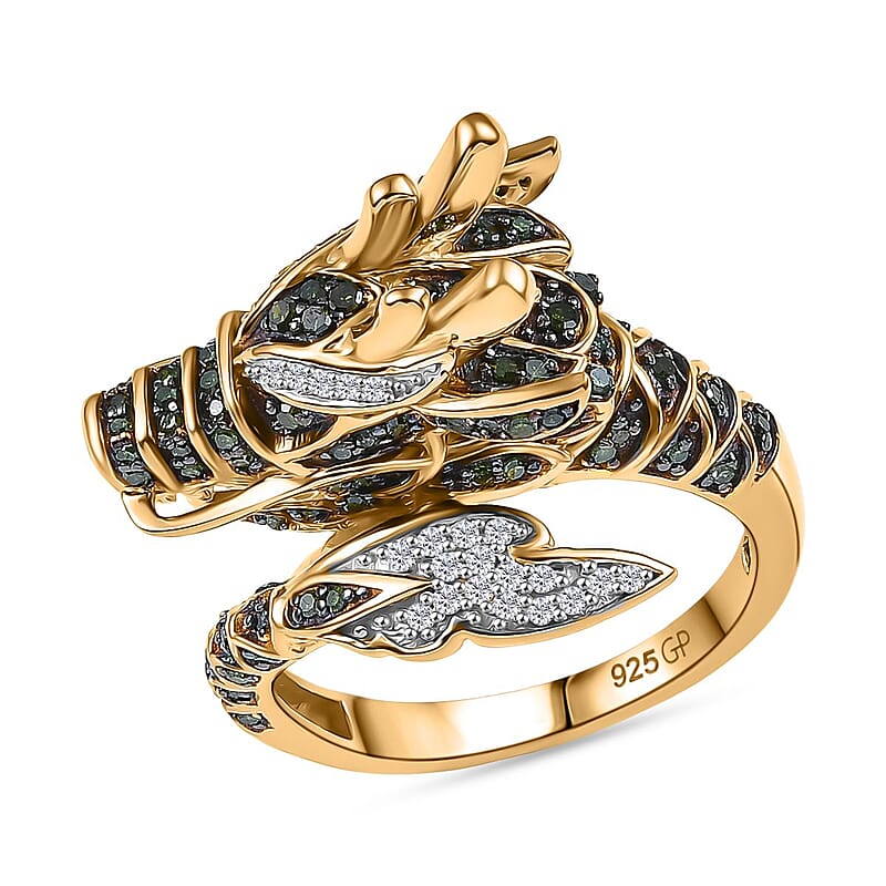 GP Trionfo Collection Green and White Diamond 0.60 ctw Dragon Ring in 18K Vermeil Yellow Gold Over Sterling Silver (Size 5.0)