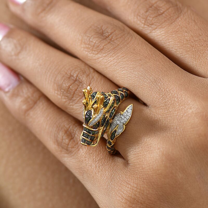 GP Trionfo Collection Green and White Diamond 0.60 ctw Dragon Ring in 18K Vermeil Yellow Gold Over Sterling Silver (Size 5.0)