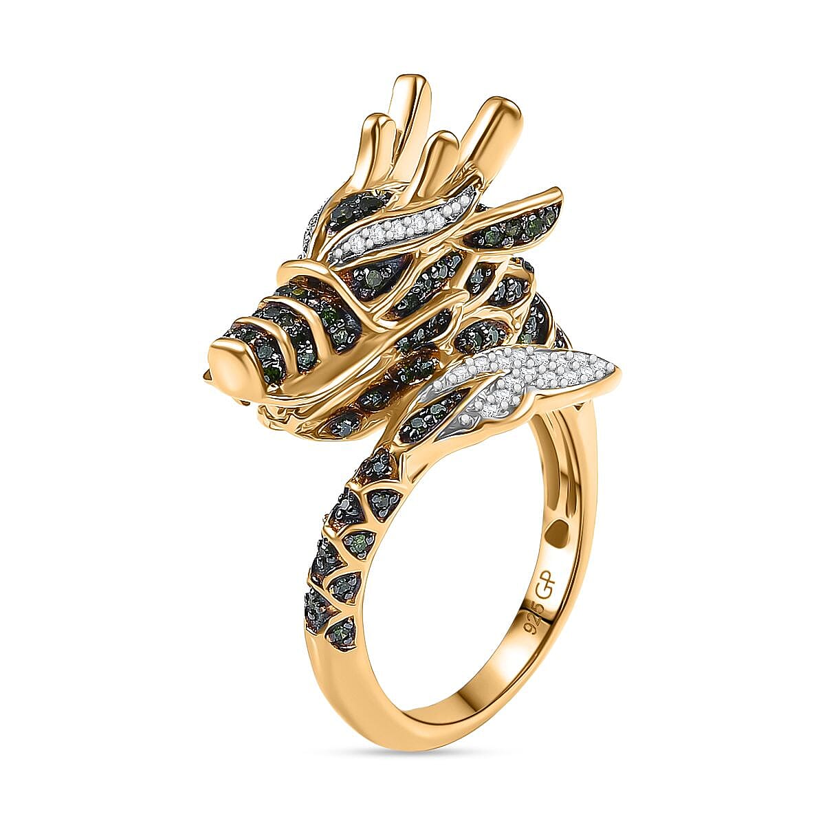 GP Trionfo Collection Green and White Diamond 0.60 ctw Dragon Ring in 18K Vermeil Yellow Gold Over Sterling Silver (Size 5.0)