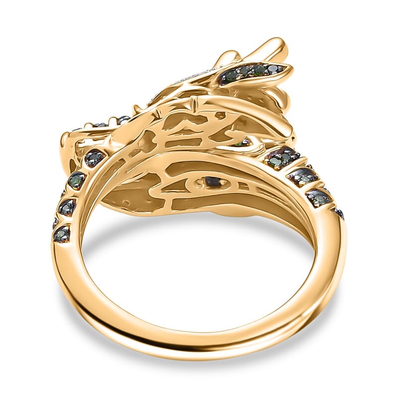 GP Trionfo Collection Green and White Diamond 0.60 ctw Dragon Ring in 18K Vermeil Yellow Gold Over Sterling Silver (Size 5.0)