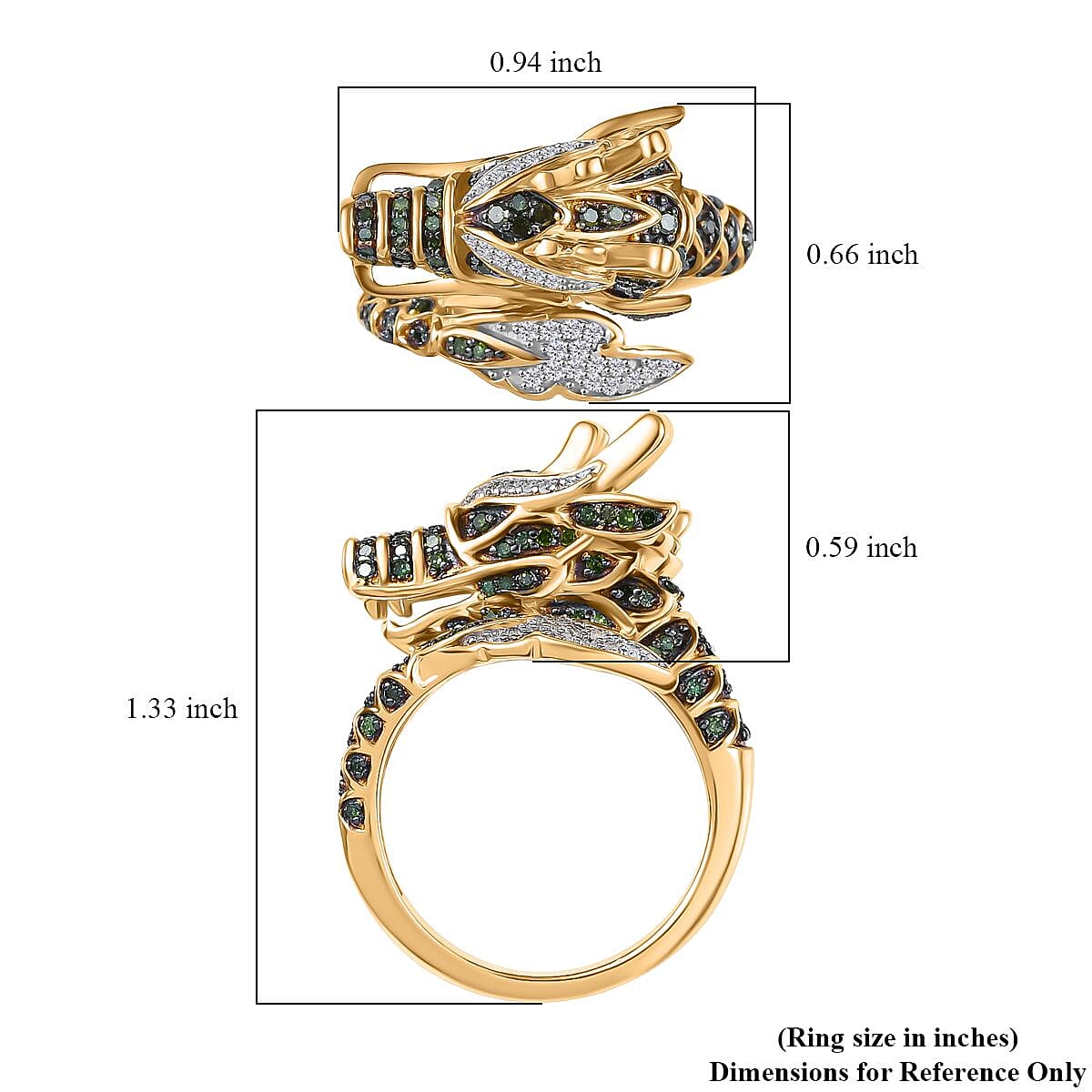 GP Trionfo Collection Green and White Diamond 0.60 ctw Dragon Ring in 18K Vermeil Yellow Gold Over Sterling Silver (Size 5.0)