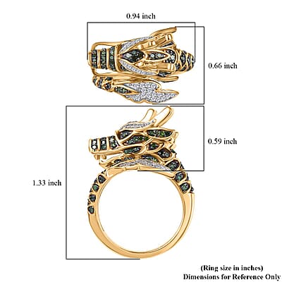 GP Trionfo Collection Green and White Diamond 0.60 ctw Dragon Ring in 18K Vermeil Yellow Gold Over Sterling Silver (Size 5.0)