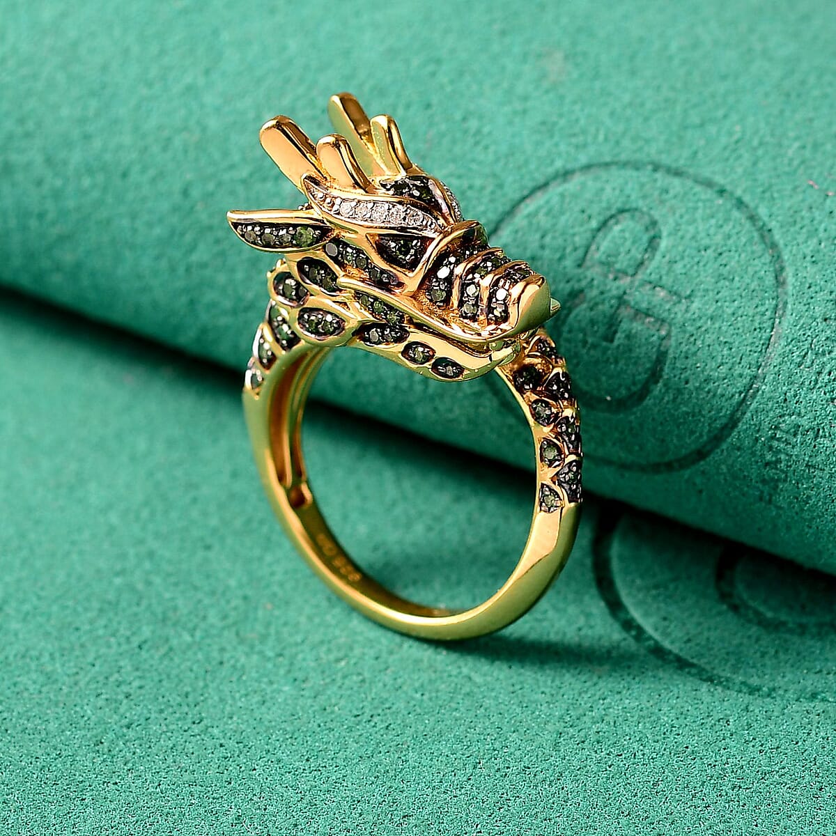 GP Trionfo Collection Green and White Diamond 0.60 ctw Ring in 18K Vermeil Yellow Gold Over Sterling Silver (Size 8.0) image number 1