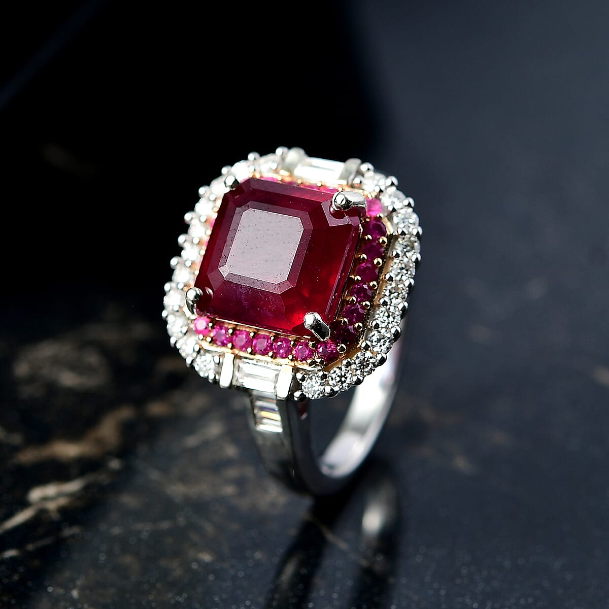 D'Joy Niassa Ruby (FF) 10.0) and Multi Gemstone 6.30 ctw Ring in Rhodium Over Sterling Silver (Size 10.0) image number 1