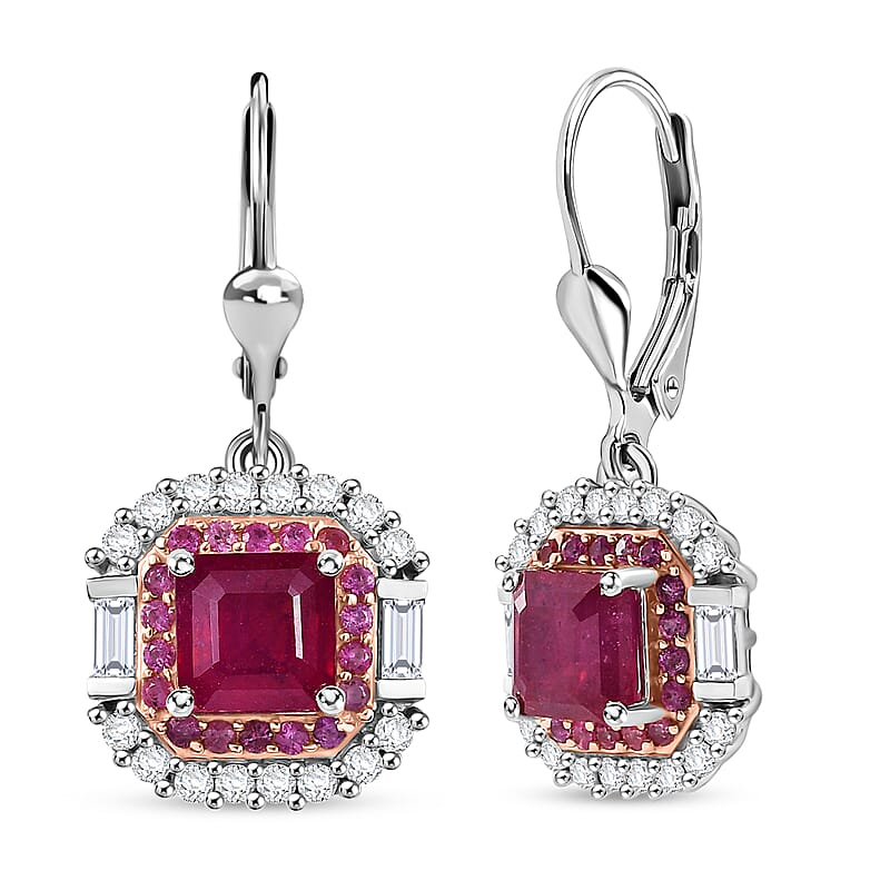 D'Joy Premium Niassa Ruby (FF) and Multi Gemstone 5.10 ctw Art Deco Earrings in Rhodium Over Sterling Silver